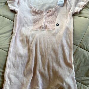 Hollister Soft Pink Short Sleeve Henley with Lace Accent